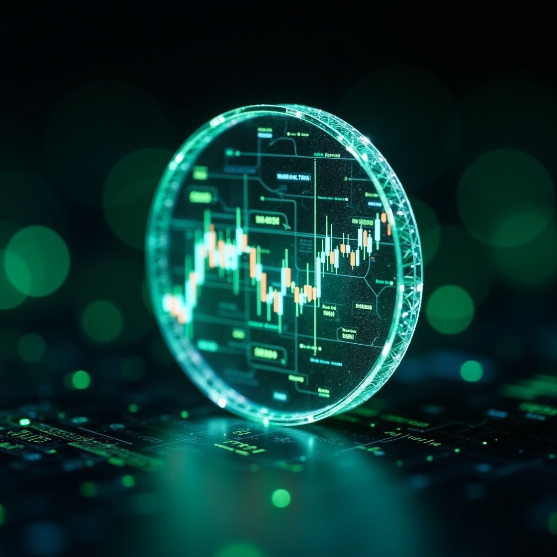 A digital coin with glowing trading graphs at its core